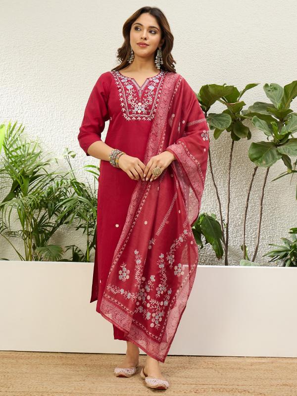 VP 9857 P Women’s Roman Silk Straight Kurta Pant with Chanderi Dupatta 3pc Set